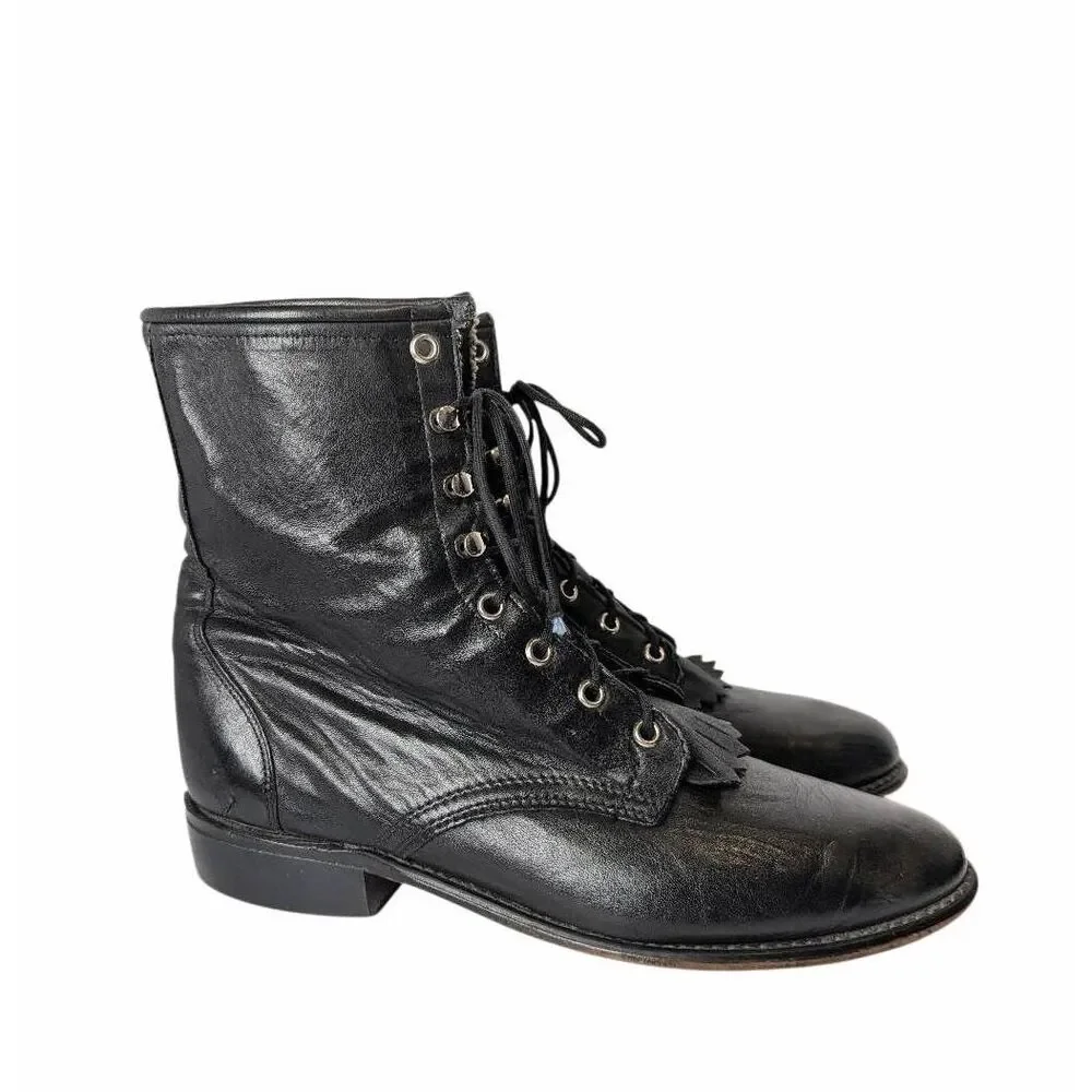 Vintage Kiltie fringe black leather lace up combat boots mens 10/10.5